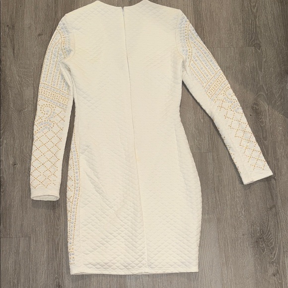 Hot Miami Styles White Rhinestone Pearl Quilted V Neck Long Sleeve Dress M - Picture 5 of 5